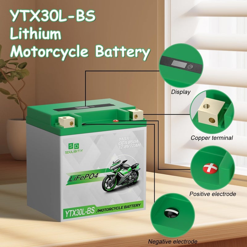 SDULIBITIY YTX30L-BS Lithium Motorcycle Battery, 12.8V 12AH 850 CCA LiFePO4 Motorcycle Battery, ATV, UTV, Jet Ski, Scooter, Lawn Mower, Tractor, Generator, Built-in Smart BMS - Image 2